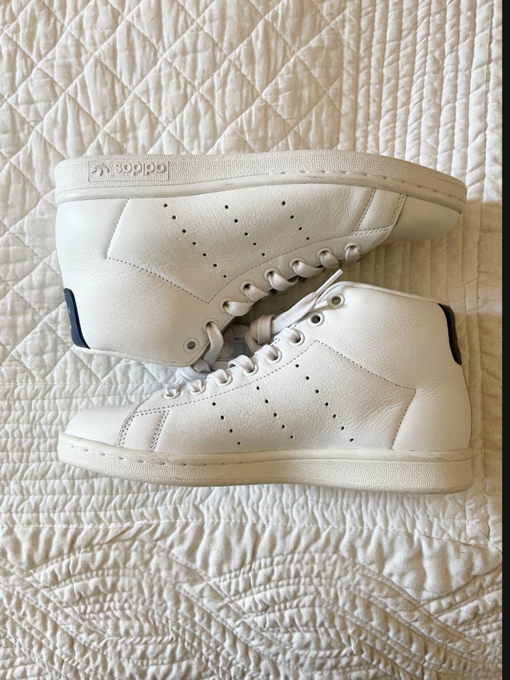 adidas Stan Smith Mid Leather High-top Sneakers in White/ Navy- Unisex